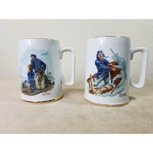 Norman Rockwell Coffee Mug Tea Cup 4 1/2" Gold Trim 1985 Drinkware 11oz x2